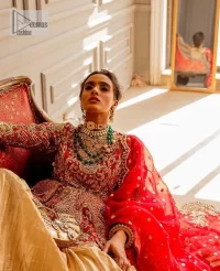 Bright Red Short Frock – Golden Crushed Lehenga - Image 4