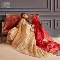Bright Red Short Frock – Golden Crushed Lehenga - Image 5