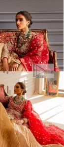 Bright Red Short Frock – Golden Crushed Lehenga - Image 6