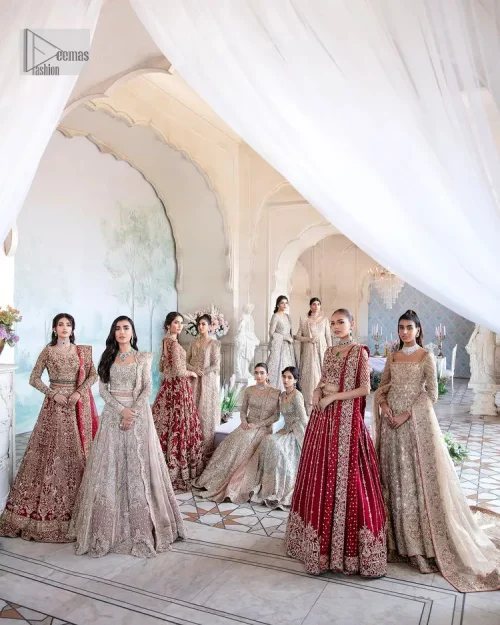 Bright and blissful! This ensemble is the epitome of grace.  The maxi is fully emblazoned with tilla, dabka, kora, Kundan