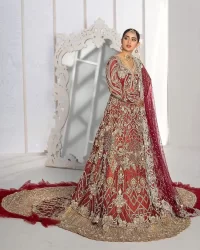 Red Back Train Maxi – Frilled Lehenga – Dupatta - Image 1