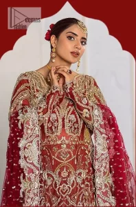 Red Back Train Maxi – Frilled Lehenga – Dupatta - Image 4