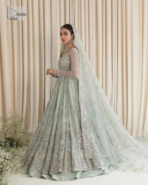 Exquisitely designed ensembles with delicate embroideries & traditional embellishments for nikah outfit statements. This beautiful maxi that comes in aqua