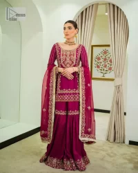 Burgundy Short Shirt – Gharara – Dupatta - Image 5