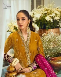 Mustard Long Shirt – Burgundy Trousers – Dupatta - Image 2