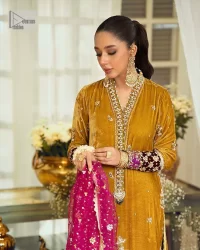 Mustard Long Shirt – Burgundy Trousers – Dupatta - Image 3