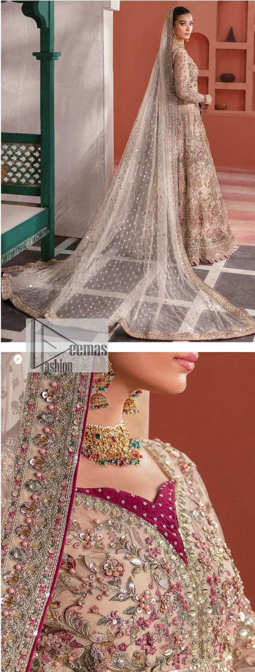 This elegantly poised nikah wear defines trendy fashion in its most acceptable form! The lehenga blouse is in the peach