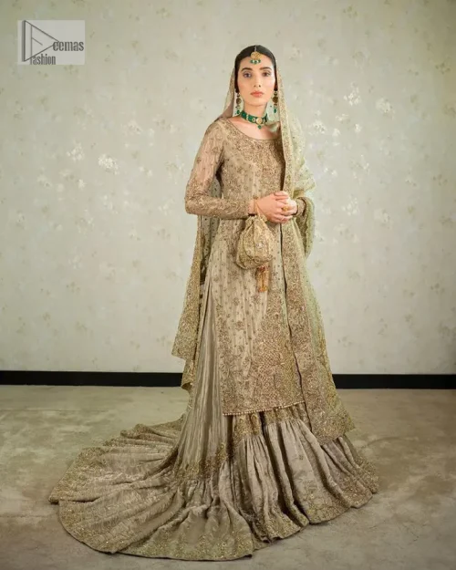 Comfy is a mood. The latest style of shirt sharara in high-quality fabric detailing with light gold gota, zari, dabka,