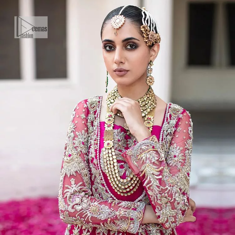 Shocking Pink Scalloped Maxi Lehenga - Gray Dupatta - Walima