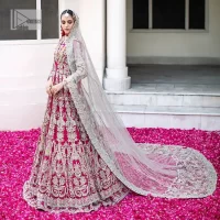 Shocking Pink Scalloped Maxi Lehenga – Gray Dupatta - Image 3