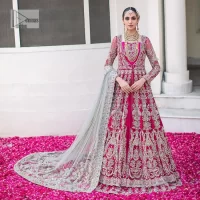 Shocking Pink Scalloped Maxi Lehenga – Gray Dupatta - Image 5