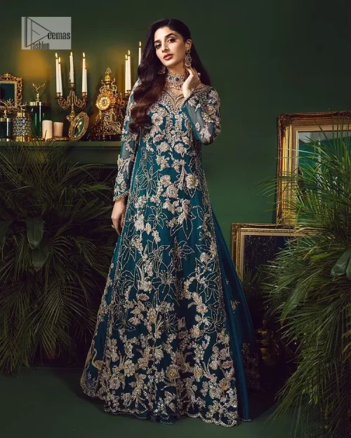 Let the outfit speak for itself! DeemasFashion presents this party wear in teal blue colour.  Be a centre of attraction