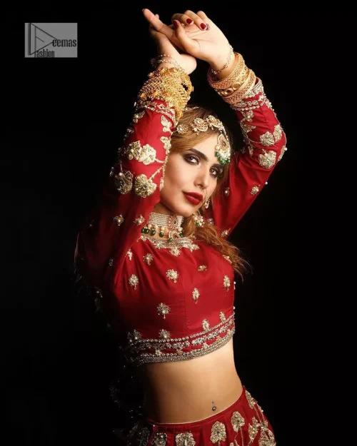 Reception called, and red answered. The stunning blouse is embellished with floral motifs. The base colour used for choli is