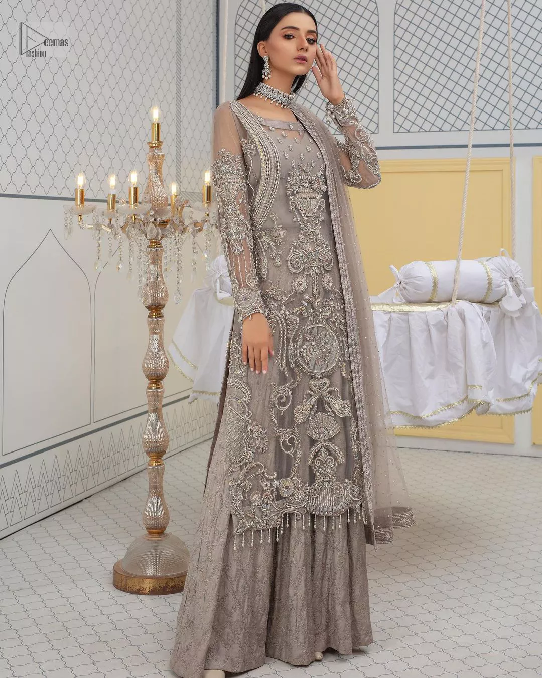 Grey Long Shirt - Sharara - Dupatta As Party Wear