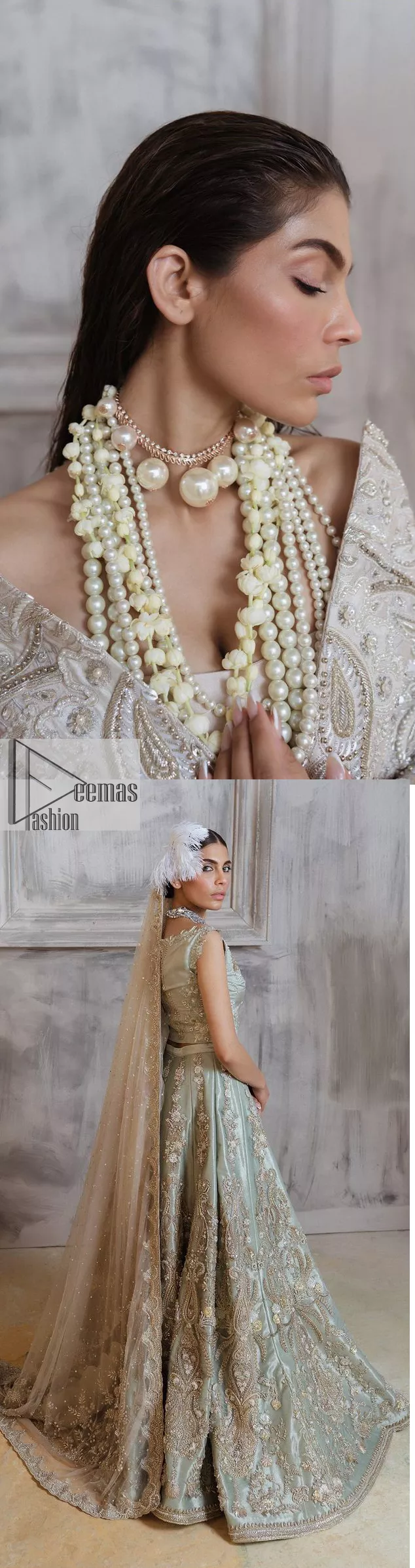 Get this ever-trending floral walima outfit.  Keep it romantic and fantastic with the DeemasFashion latest articles! The soft green blouse is gracefully embellished with silver and gold embroidery that gives you a head-turning appearance on the wedding day. The blouse is enhanced with tilla, dabka, kora, Kundan, and crystals. The off-shoulder neckline of the blouse makes this stunning attire an epitome of royalty and grace. It is paired with a flared lehenga that is also adorned with embroidery to make your day fantastic. Complete this article with a dupatta framed with four-sided embellished borders and sequins sprayed all over.