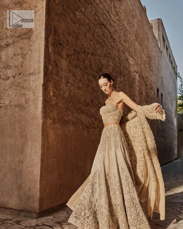This modern piece is all about extraordinary details and aesthetic vibes! A beige organza blouse is heavily embellished with dabka, naqshi, tilla, Resham, dabka, sequin and Kundan. This gown blouse dress has Mughal-inspired motifs, geometrical patterns and floral motifs. The blouse has a sweetheart neckline or a more upscale appearance and feel. Further, the gown has full sleeves adorned with floral patterns. It is supported by a flared lehenga with an embellished border for additional comfort.
