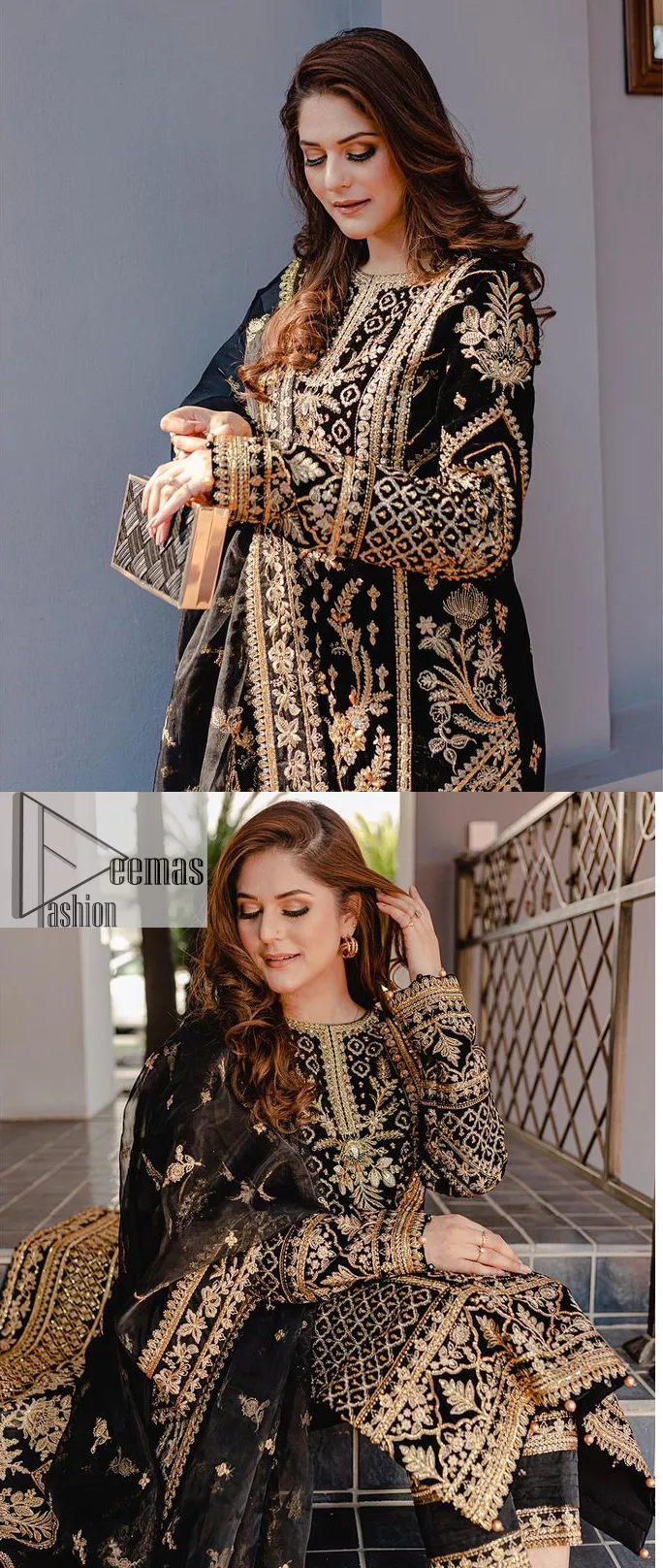 Intricate floral patterns all over! Make a style statement with this elegant embroidered long shirt adorned with golden embroidery decorated with sequins, tilla, dabka, kora, Kundan, heavily embellished bodice, and floral bunches. The round neckline of the following shirt makes this article stunning and charming. The full sleeves of the shirt are also magnified with floral motifs. It is paired up with trousers in the same colour to balance the overall look of this party wear. Complete this outfit with a dupatta framed with four-sided borders and tiny floral motifs all over which is exactly a pure trendy style.