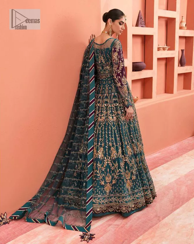 Mark your presence in this elegant Mehndi outfit. The front open scalloped pishwas in the teal green shade are adorned with hand-crafted details of tilla, dabka, Kora, Kundan and the real magic of Zardozi. It is further enhanced with golden embroidery to give a royal touch to this outstanding pishwas. The floral matters on full sleeves enhance the beauty of the outfit. In addition to this, the round neckline style of the following pishwas is absolutely breathtaking. It is paired with crushed lehenga n the same colour to enable the fairness of the outfit. Complete this stunning dress with a dupatta framed with a four-sided border to highlight your presence.