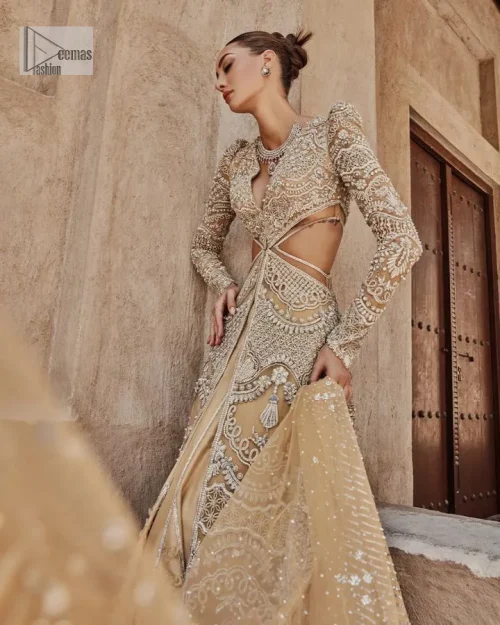 Bold, edgy, and wrapped in glamour. A sumptuous palette of gold with silver delicate embroidery, signature handcrafted embellishment includes tilla,