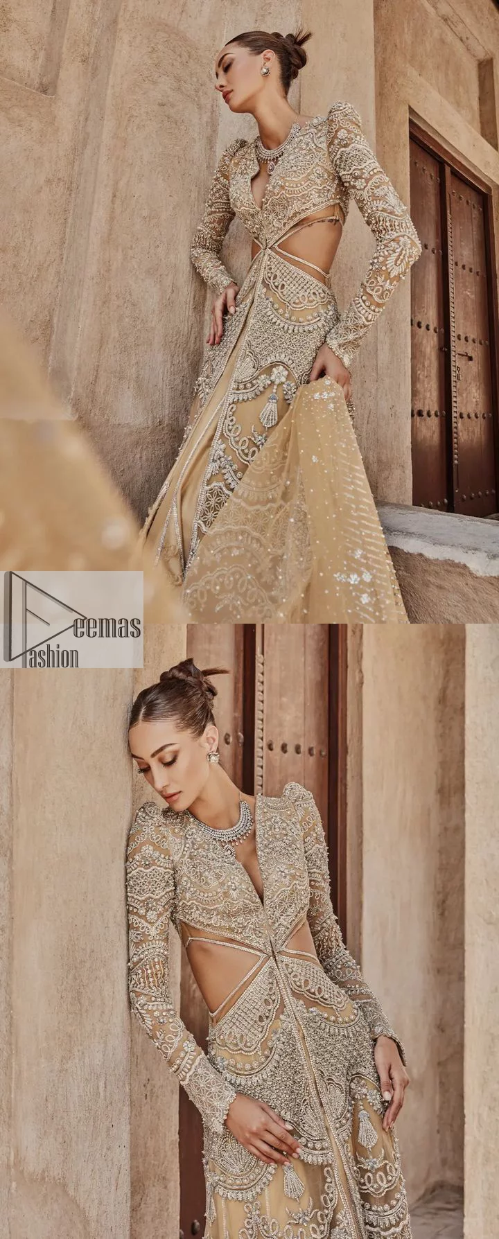Bold, edgy, and wrapped in glamour. A sumptuous palette of gold with silver delicate embroidery, signature handcrafted embellishment includes tilla, dabka, kora, Kundan, Zardozi and crystals. Take your look to the next level with this golden front open gown which has V shape neckline and full sleeves. The floral patterns on the following gown just steal everyone's heart on your big day. It is paired up with a lehenga to enhance the beauty of this nikah outfit. Complete this article with a dupatta framed with four-sided embellished borders and sequins sprayed all over to wrap you in a bold outfit.
