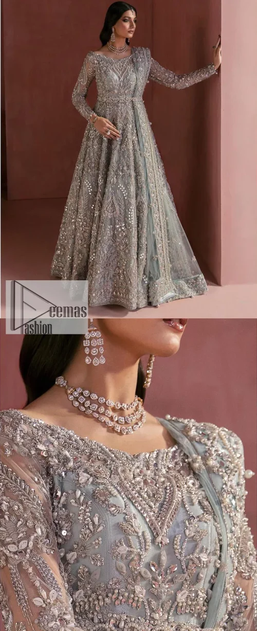A timelessly classic and hot Nikah wear. DeemasFashion presents the flared maxi in grey colour which is heavily adorned with