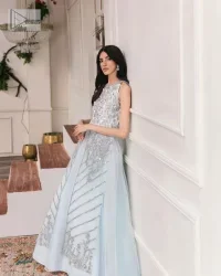 Ice Blue Front Open Long Shirt – Lehenga - Image 2
