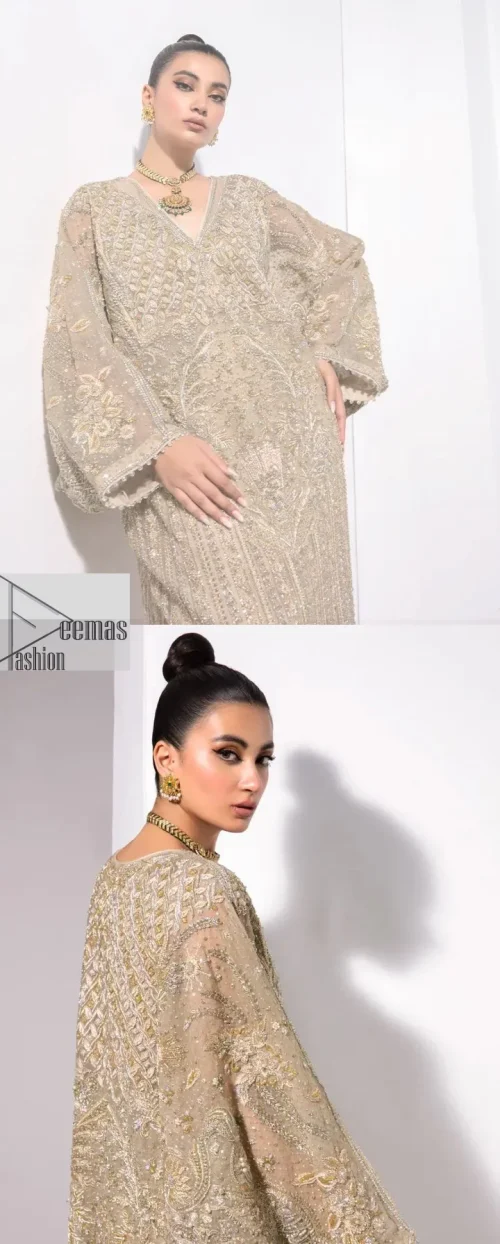 A little classy, a little sassy – that’s your style! An ivory floor-length kaftan with hand embellished work using dabka,