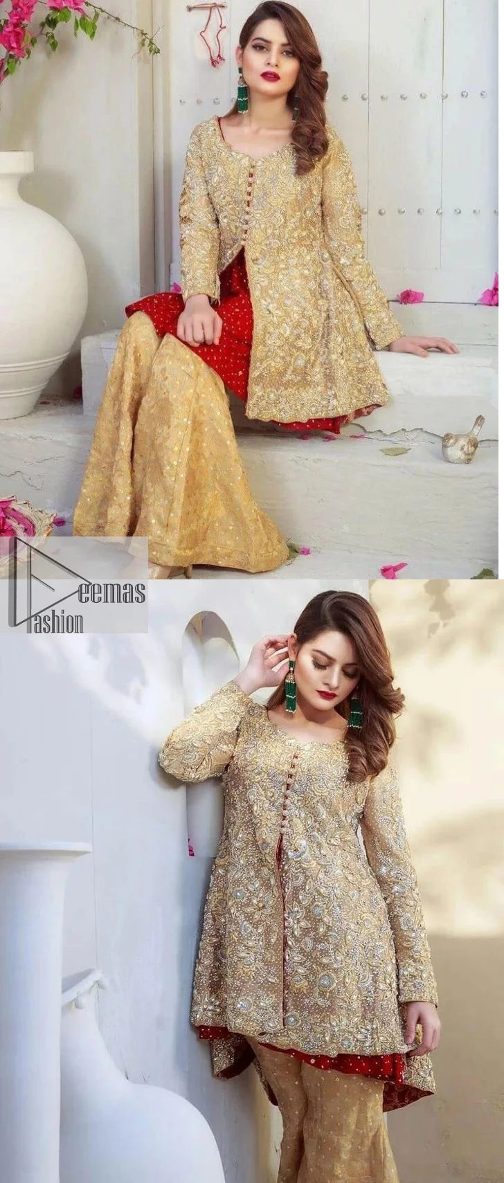 Clean, modern and timeless. The beautiful front-open short shirt in a light golden colour is adorned with embellishments of silver embroidery. It is enhanced with tilla, dabka, kora, Kundan and the real magic of Zardozi. The round neckline makes this outfit unique and lovely. Further, the floral patterns on full sleeves also add super beauty to the outfit. The inner of the short shirt has a red frock combination that gives an aesthetic look. Complete this article with trousers in the same colour as a short shirt just to balance the royal look.   