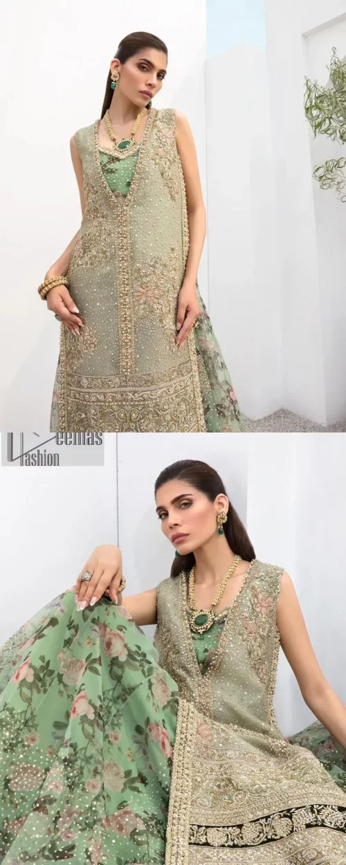 The timelessly classic mint green nikah outfit! The beautiful model looks ravishing in this mint green shirt, heavily hand-embellished with