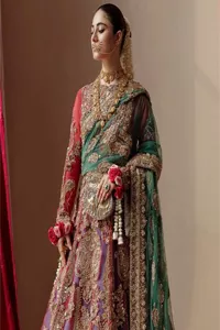 Colours, like features, follow the changes in the event. A magical ethereal multiple-colour maxi is delicately embellished with a shimmering gold sequin, pearls, kora, dabka, Kundan, Zardozi and sparkling stones. The following maxi has exquisitely embroidered panels that come together to create a spectacular heritage with a fully composed bodice. The following colourful maxi has a round neckline to make this outfit amazing. It is paired up with a lehenga having an embellished border completing the stunning look. Finish this article with a green dupatta framed with four-sided borders and floral motifs all over to fulfil an elegant dream.