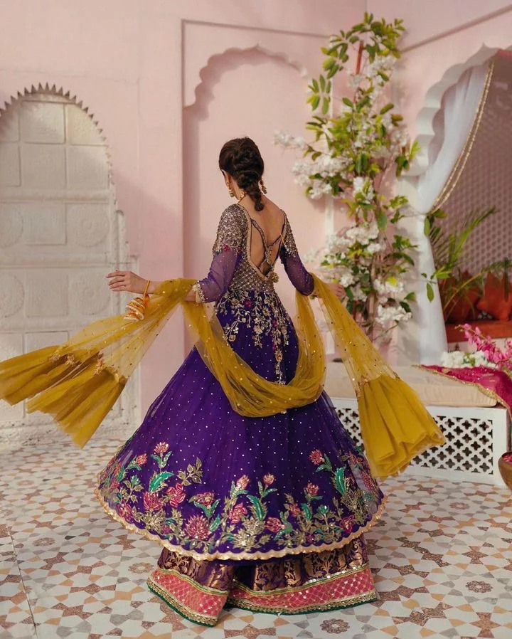 Buy Rangpur Golden Beige Lehenga Set With Purple Banarasi Dupatta online