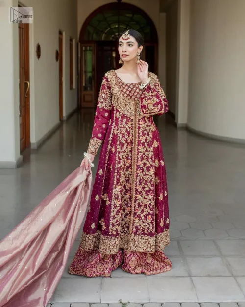 The sharara which is decorated with golden, antique and multiple-colour embroidery ensures a comfortable and confidence-boosting fit, while the choice