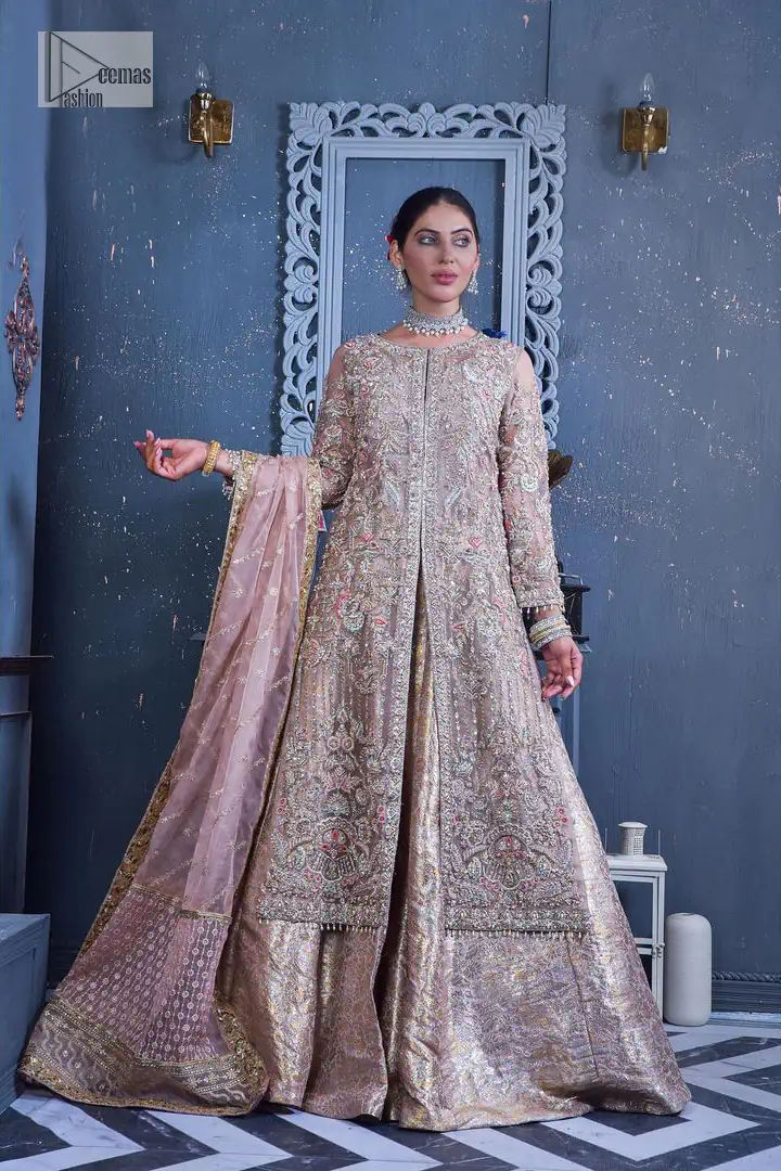 Get cosy in a tea rose nikah outfit. DeemasFashion presents this tea rose front open gown which is heavily embroidered