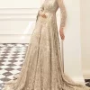 Bright nikah outfits are a constant ongoing trend! Take your look to the next level with this ivory scalloped maxi having silver and golden embellishment frames. The following maxi is highlighted with tilla, dabka, kora, Kundan, and the beautiful details of Zardozi. The jewel neckline reveals layers of priority. Furthermore, the floral patterns on full sleeves look like a complete diva.  The beautiful dupatta is framed with a floral scalloped border on all sides to give a vibrant and soft look.