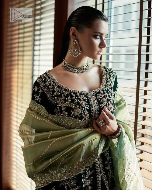 Outfits that define you. DeemasFashion presents the party wear in deep green colour which is adorned with light golden embroidery.