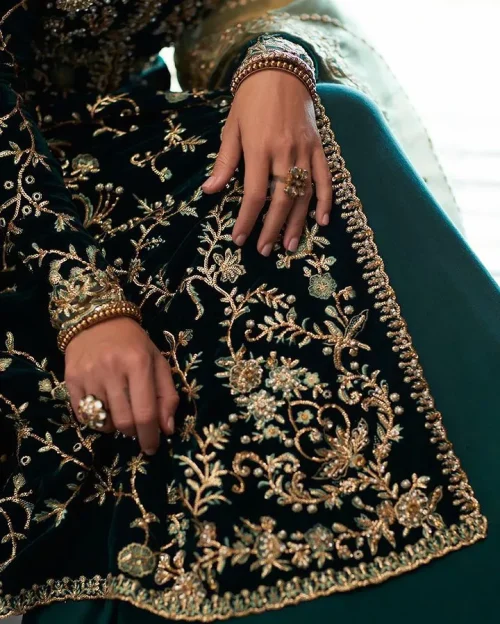 Outfits that define you. DeemasFashion presents the party wear in deep green colour which is adorned with light golden embroidery.