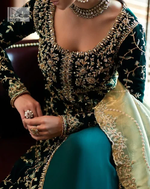 Outfits that define you. DeemasFashion presents the party wear in deep green colour which is adorned with light golden embroidery.