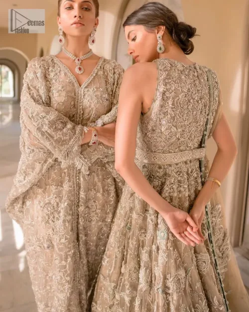 Your wedding vibe. Your wedding mood. Your wedding scent. The light fawn back train heavy maxi and dupatta are hand