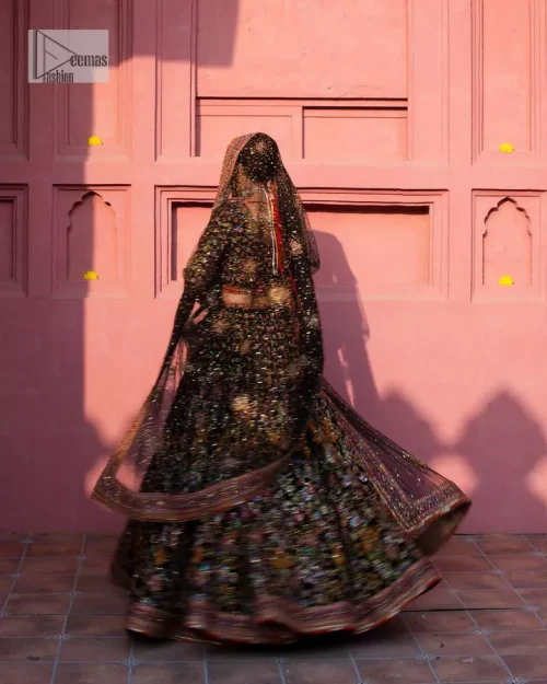Make your superb days bright and bold! A jet black blouse with floral branches, peacock motifs and Mughal-inspired embellishments with