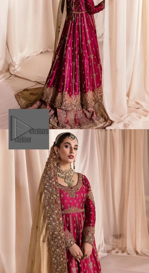 Be a dreamy vision in this reception wear. The beautiful frock in the shocking pink shade is embellished with intricate