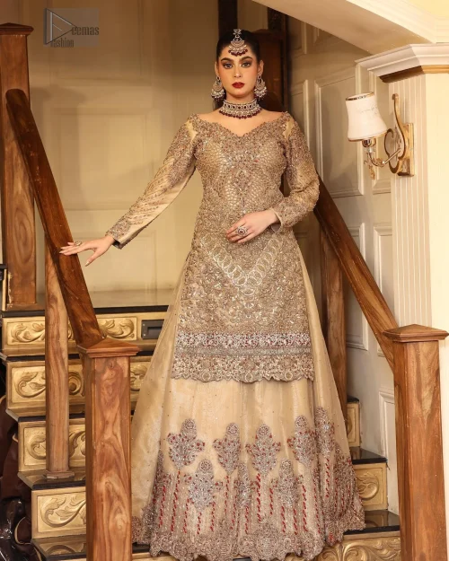 Beige Scalloped Shirt Can Can Lehenga envelops you in understated beauty, perfect for your Nikah day. The antique embroidery delicately