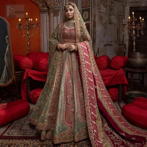 Enter your celebration like a vision in the Pink Blouse Pistachio Green Lehenga Dupatta. This breathtaking ensemble fuses perfection with