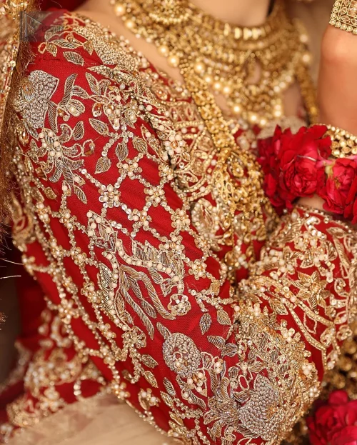 The dress is adorned with intricate golden and antique-toned embroidery, showcasing absolute gorgeousness and adding more to its divine aura.