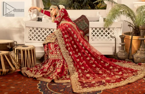 Your wedding day with the Red Long Shirt Back Train Farshi Lehenga, a stunning combination of traditional charm and modern