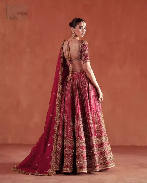 Four-Sided Border Detail: The crimson organza dupatta featuring four-sided embroidered borders for a sophisticated finish.