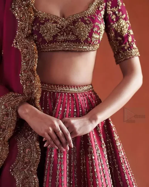 Scalloped Dupatta Borders: Capturing the ethereal crimson organza dupatta with its signature hand-finished scalloped edges.