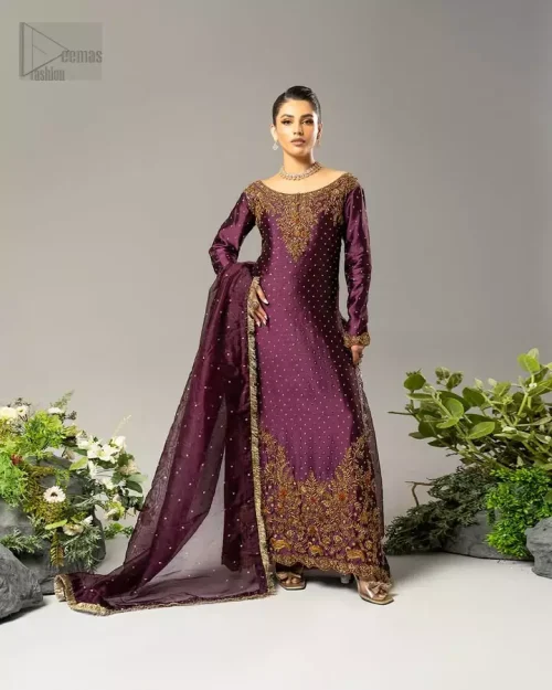 Full Formal Ensemble: Full-length view of the Deep Plum Long Shirt and Straight Trousers, a sophisticated South Asian party dress in