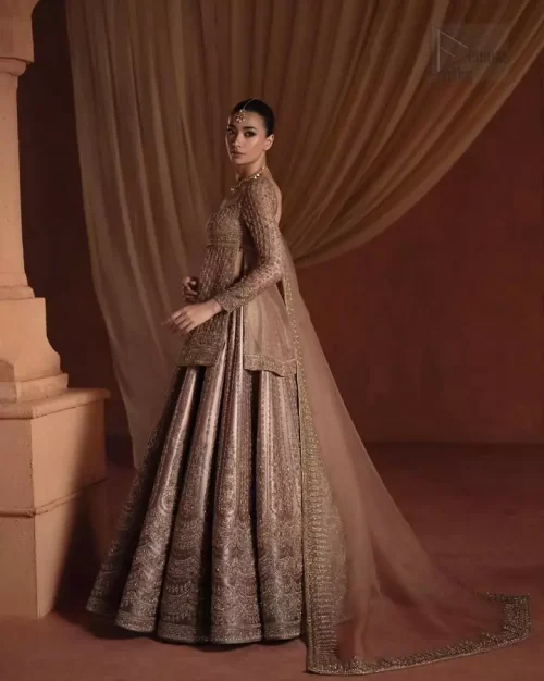 Side Profile Silhouette: Elegant side view of the golden short shirt and lehenga, illustrating a tale of majesty and charm.