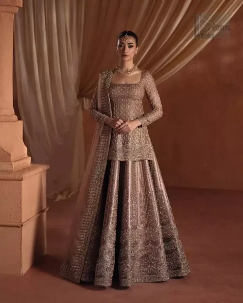 Full Bridal Silhouette: Full-length view of the Golden Short Shirt and Flared Lehenga, a radiant pure tissue silk ensemble for