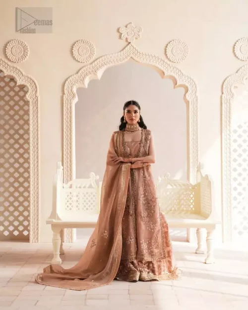Peach Pink Front Open Jacket Sharara Dupatta